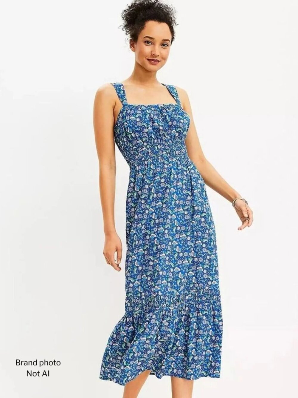 LOFT Blue Floral Smocked Square Neck Midi Dress Size L